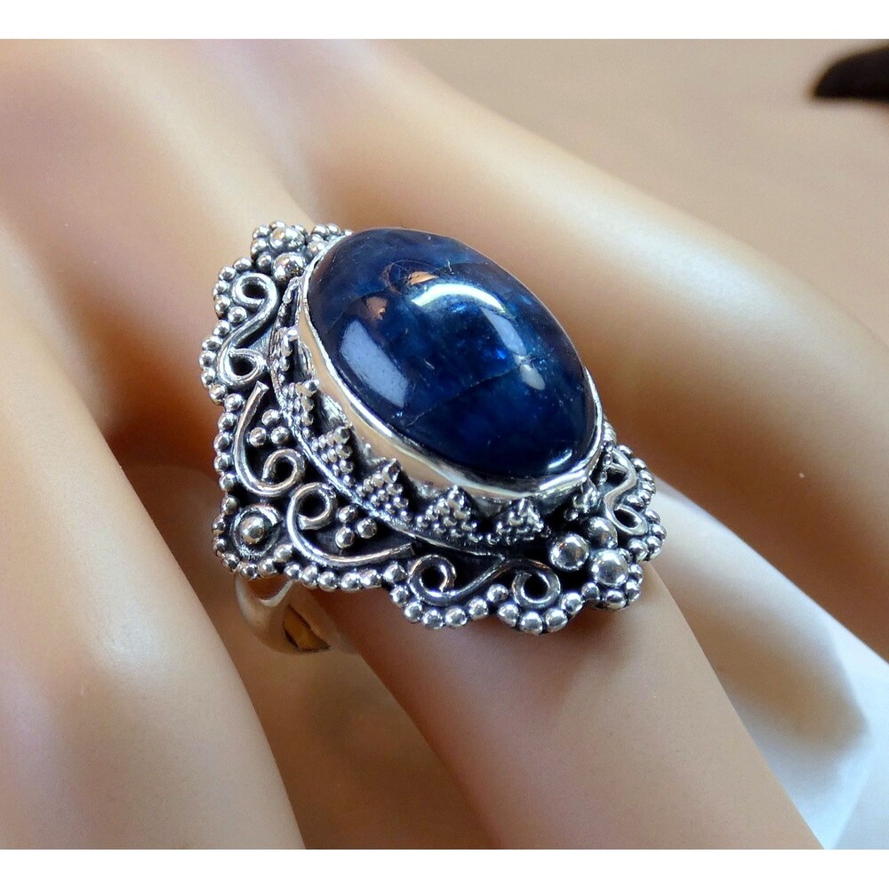 Deep Blue Natural Apatite Bali Style Sterling Silver Ring Size 8